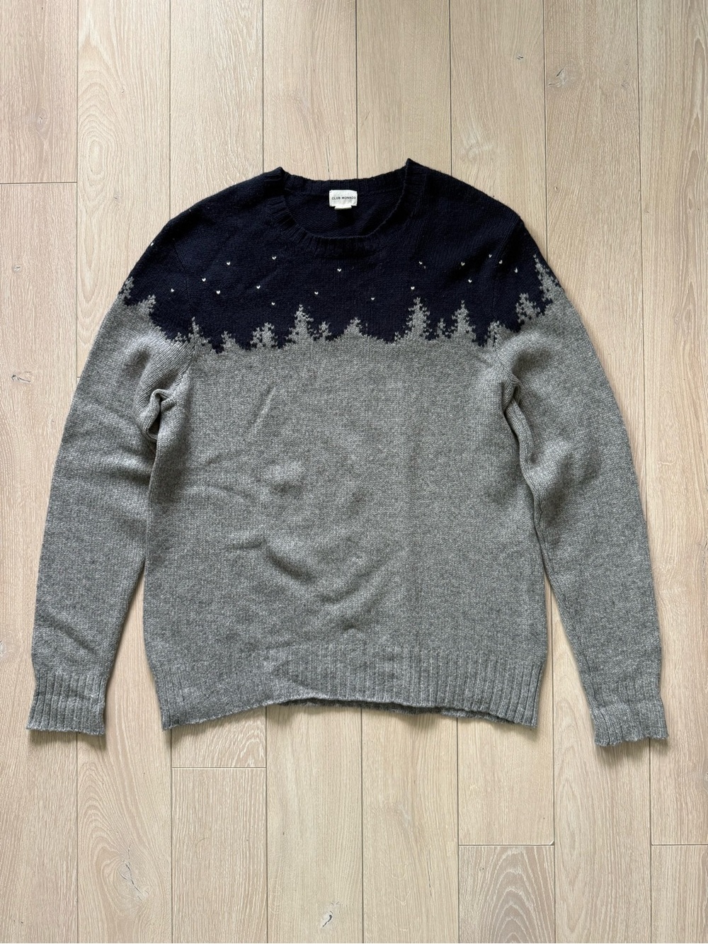 Club Monaco Wool Cashmere Jacquard Treeline Sweater Men’s Size Large Gray Navy